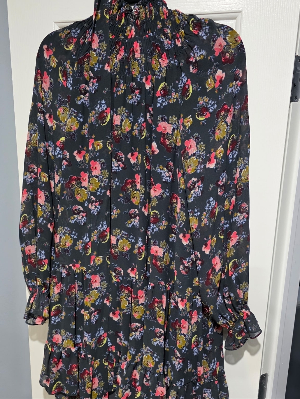 cinq a sept Black Floral Smocked Neck Long Sleeve Dress - Picture 5 of 8